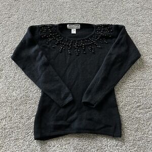 Vintage Kitty Hawk By Vivian Wang Sweater Womens Med Black Beaded Crew Pullover